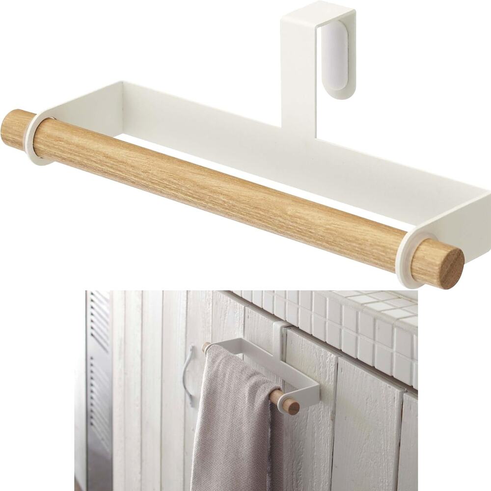NEW Yamazaki Kitchen Towel Hanger Over the Door White Steel Wood Bathroom Tosca